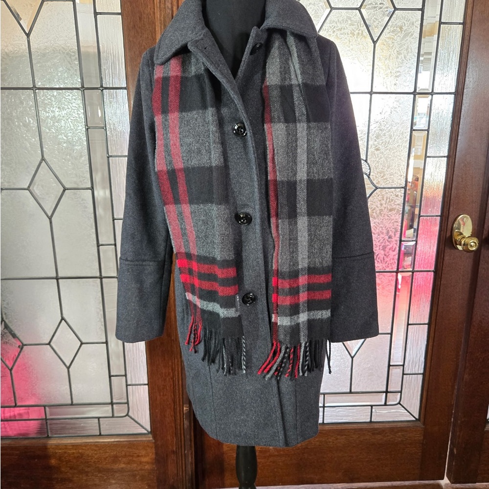 London Fog Charcoal Pea Coat with Red Plaid Scarf